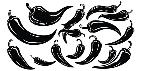 Obraz premium Collection of various stylized black and white chili pepper silhouettes showcasing different shapes and sizes for graphic design projects