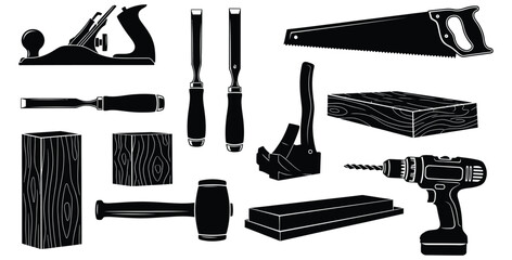 Collection of black silhouette woodworking tools including a hand plane chisels a saw a clamp a mallet a cordless drill and various pieces of timber or wood stock © Mst Zakia