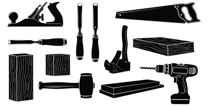 Collection of black silhouette woodworking tools including a hand plane chisels a saw a clamp a mallet a cordless drill and various pieces of timber or wood stock