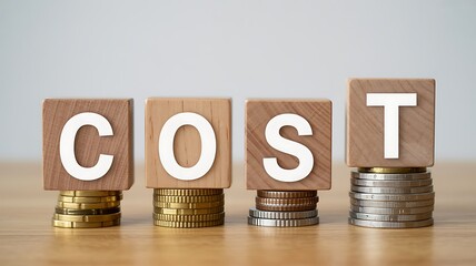 Wooden blocks with letters spelling out COST stacked on various piles of coins symbolizing business expenses
