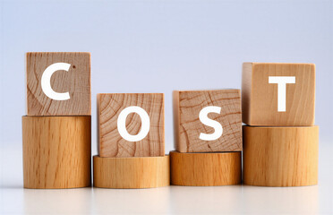 Wooden blocks spelling out the word cost arranged in a line on a white surface transparent background