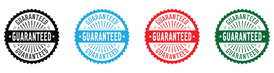 Collection of guaranteed circular badges in various colors representing quality and assurance