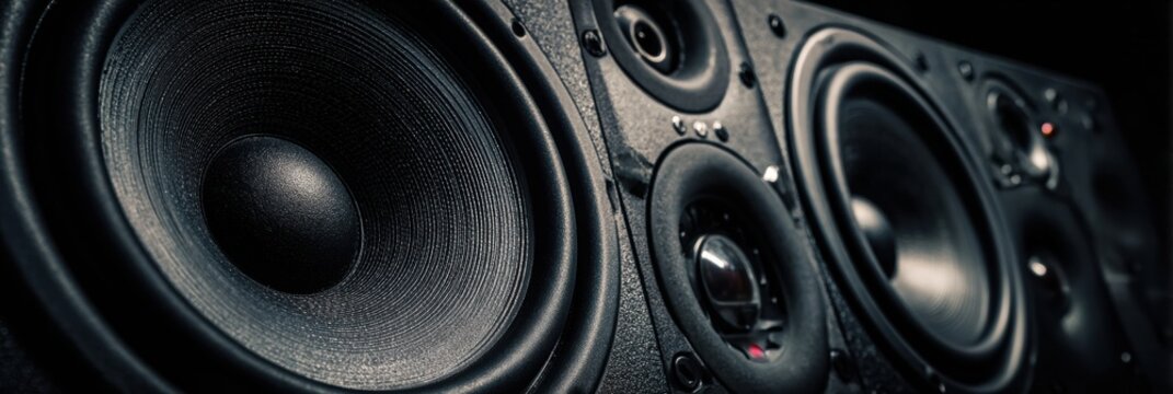 Close-up of Powerful Black Concert Speaker Stack on Dark Background With Room for Text and Focus on Sound Quality Details