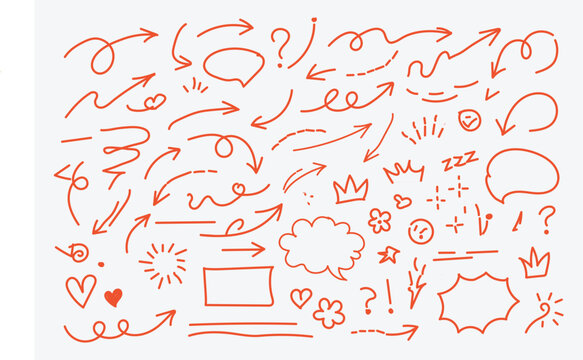 Hand drawn doddle red arrow icon set.  Hand drawn arrow illustration. Hand drawn arrow set with crayon texture - curved and straight, spiral and wavy directional pointers for navigation. 