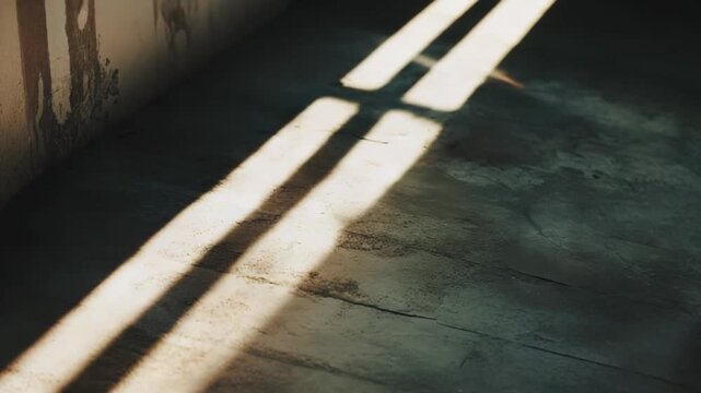 Warm sunlight streaming through a window casts strong parallel shadows and bright light stripes on an old wooden floor inside a quiet, empty room, creating a serene atmosphere