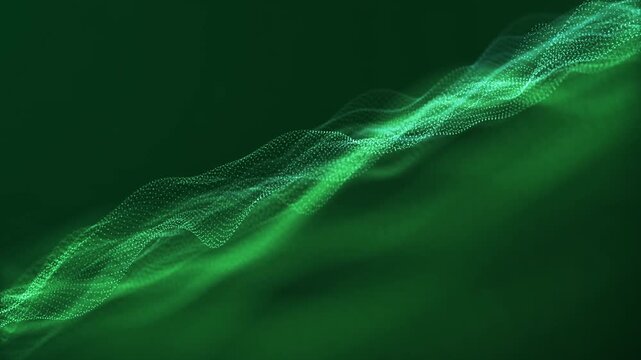 Glowing green particle wave moving in a smooth seamless loop, abstract futuristic motion background for energy, technology, data flow and scientific visualization.