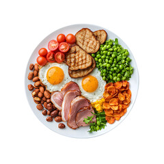 A healthy and balanced breakfast plate features eggs, ham, toast, and vegetables.