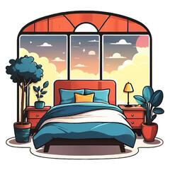 bedroom with panorama window cartoon vector illustration