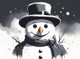 smiling snowman with cylinder watercolor vector illustration