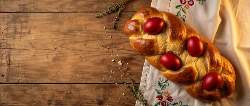 Traditional braided Easter bread with red eggs on a rustic wooden table. Tsoureki flat lay with embroidered cloth and fresh herbs