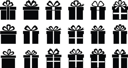 Gift box icons with ribbons, black silhouette present boxes, festive packaging symbols, celebration surprise design, birthday Christmas gift elements, vector holiday illustration collection