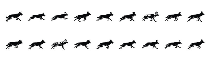 Fototapeta premium african wild dog running silhouette illustration collection. Animals drawing illustration isolated on white background.