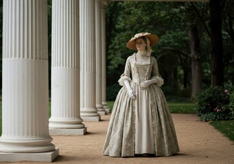Fototapeta premium Elegant period costuming showcasing voluminous skirts and fine lace details. Displayed near stately white pillars on a warm, historic afternoon ,veranda ,voluminous skirt ,old fashioned