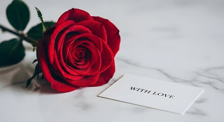 Elegant single red rose with delicate petals on pristine white marble, accompanied by a heartfelt 'WITH LOVE' card, perfectly symbolizing romance, affection, and thoughtful gestures
