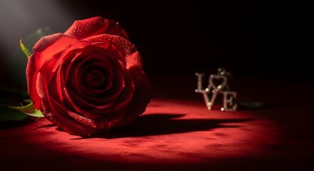 Dramatic red rose with glistening dew drops, illuminated by a spotlight on plush velvet, next to a sparkling 'LOVE' charm, symbolizing profound romance and passion