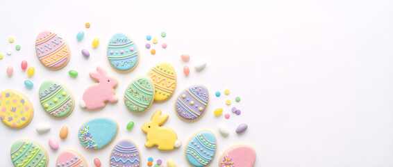 Easter sugar cookies and candies flat lay on white background. Pastel egg and bunny shaped biscuits with copy space for text. Festive holiday border design