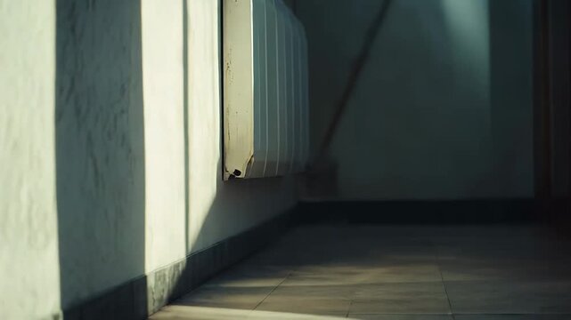 Sunlight cuts across a quiet interior corridor, casting strong geometric shadows and bright patches on textured walls and tiled floor, evoking calm, minimal stillness