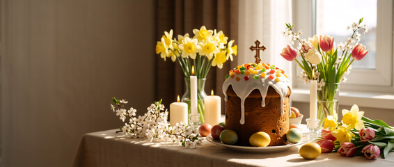 Traditional Easter paska cake with spring flowers and candles. Glazed bread with candied fruit and dyed eggs on a table. Festive holiday still life with copy space
