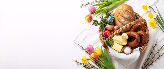 Top view of a traditional Easter basket with food and spring flowers. Flat lay of bread, sausage, and dyed eggs on a white background. Festive holiday composition with copy space