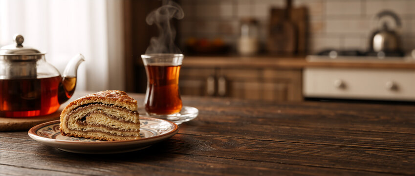 Slice of traditional nut roll cake on a plate with hot tea. Potica pastry and steaming glass of tea on kitchen table. Homemade dessert with copy space