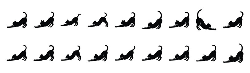 cat stretching pose silhouette illustration collection. Animals drawing illustration isolated on white background. © Krishna