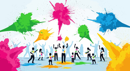 Naklejka premium Vibrant celebration with people dancing amidst colorful paint splatters in a lively scene viewed from above