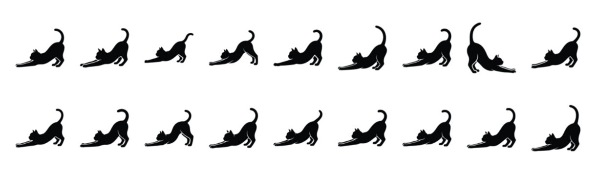 cat stretching pose silhouette illustration collection. Animals drawing illustration isolated on white background.