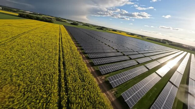 Sweeping drone aerial view soaring over a massive field of solar energy panels as a dramatic cloud shadow quickly moves across the blooming yellow rapeseed crop investment, drone shot, generation