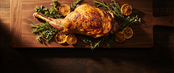 Roasted leg of lamb with rosemary and charred lemons on a wooden board. Traditional Easter dinner main course. Festive holiday meal on dark background