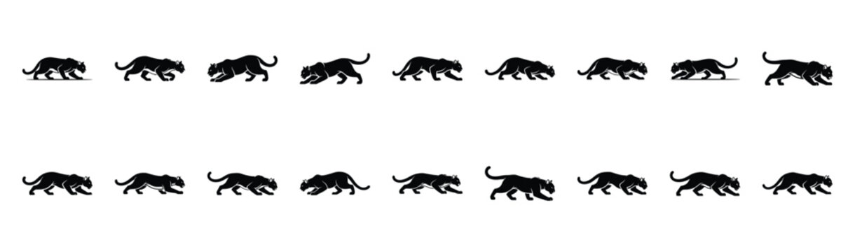 cougar stalking pose silhouette illustration collection. Animals drawing illustration isolated on white background.