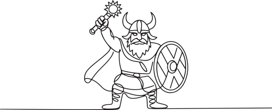 Single continuous line drawing man warrior viking in horned helmet holding mace and shield. Cartoon character male with weapon standing in belligerent pose. one line Icon drawing