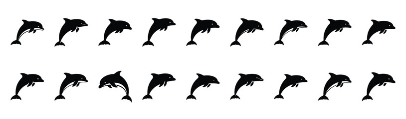 dolphin leaping pose silhouette illustration collection. Animals drawing illustration isolated on white background. © Krishna