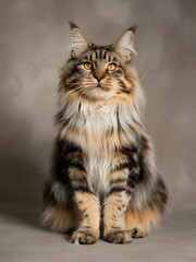 Naklejka premium Majestic Maine Coon cat in serene studio portrait with soft warm lighting on textured gray background for pet advertising
