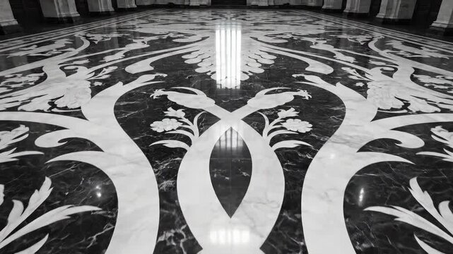 Sweeping drone style aerial shot moving over an enormous, detailed architectural Art Nouveau floor inlay crafted from polished black and white marble architecture, building, drone