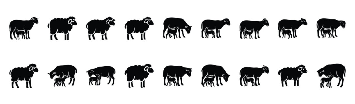ewe nursing pose silhouette illustration collection. Animals drawing illustration isolated on white background.