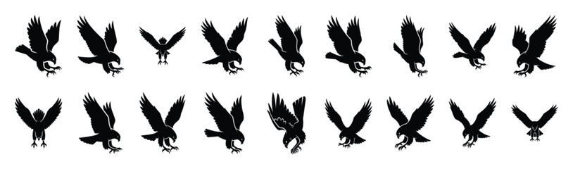Obraz premium hawk diving pose silhouette illustration collection. Animals drawing illustration isolated on white background.