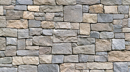 Obraz premium Natural stone wall texture features various sizes and shapes of stones arranged in rustic pattern, creating timeless and sturdy appearance