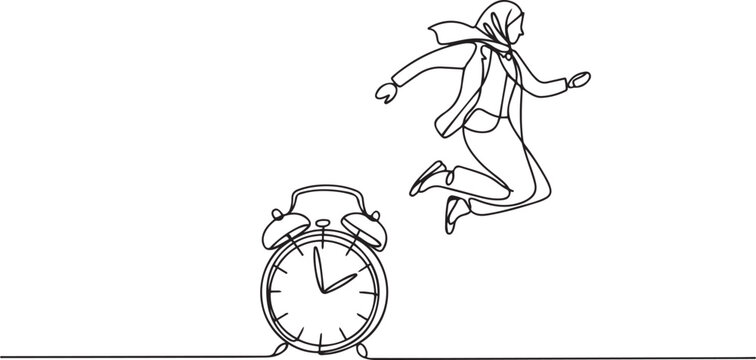 Single continuous line drawing Arabian businesswoman jump over alarm clock. Business deadline or working time efficiency concept. one line Icon drawing