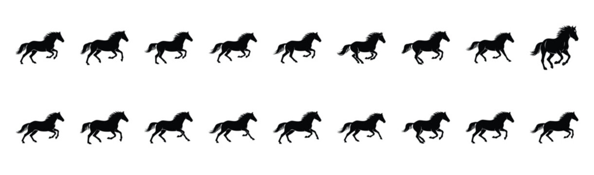 horse galloping pose silhouette illustration collection. Animals drawing illustration isolated on white background.