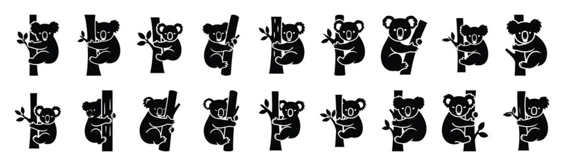 koala hugging tree pose silhouette illustration collection. Animals drawing illustration isolated on white background. © Krishna