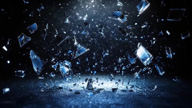 Shattered glass shards cascade in a dramatic display against a dark backdrop.