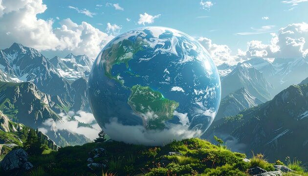 A hyperrealistic render presents the Earth as a crystalline sphere resting atop a grassy knoll. Jagged mountain peaks frame the scene, under a bright, cloud-filled sky