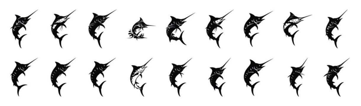 marlin leaping pose silhouette illustration collection. Animals drawing illustration isolated on white background.