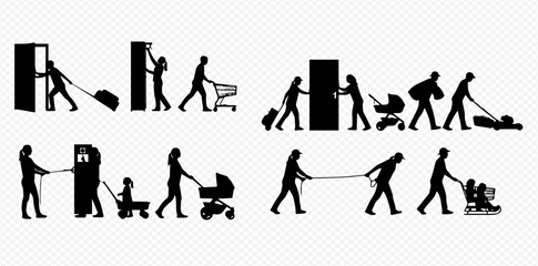 Set of black silhouettes depicting various people performing pulling and pushing actions with different objects and tools.