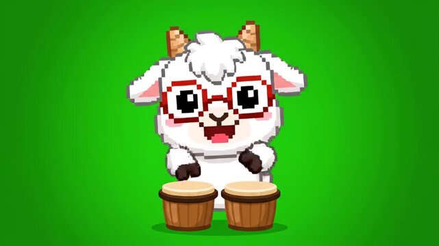Pixel Art Goat Playing Bongos Cute Animal Musician Design.