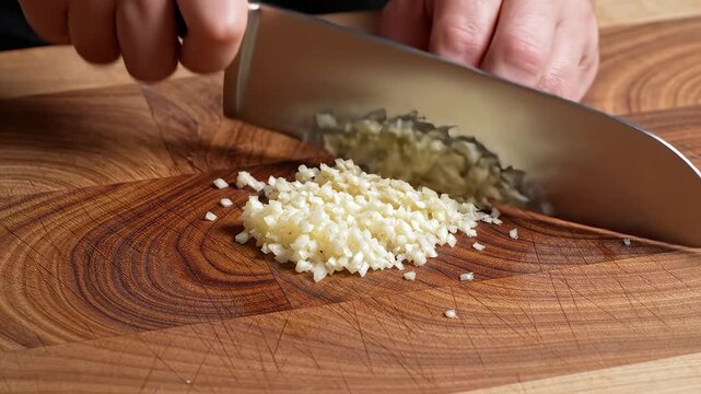 Person chopping garlic on wooden cutting board