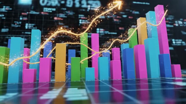Seamlessly looping motion graphic animation showing multicolored bar charts and line graphs rapidly rising representing exponential financial growth statistics, metrics, economy