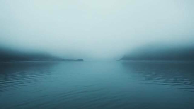 Calm water ripples reflect the soft, diffused light under a thick layer of atmospheric fog, obscuring the distant landmasses and creating a serene, minimalist, and mysterious natural scene