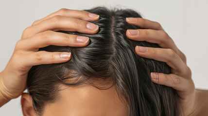 Fototapeta premium Hair and Hand Close Up: A close-up shot captures the texture of the hair, with hands delicately placed on the scalp, offering a moment of introspection and contemplation.
