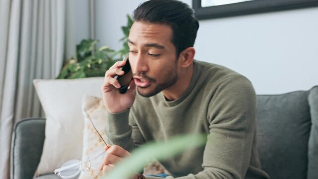 Angry phone call, communication and man agro, irritated while explaining in discussion at home. Assertive male freelancer talking and rude feedback, unhappy on smartphone to explain work deal